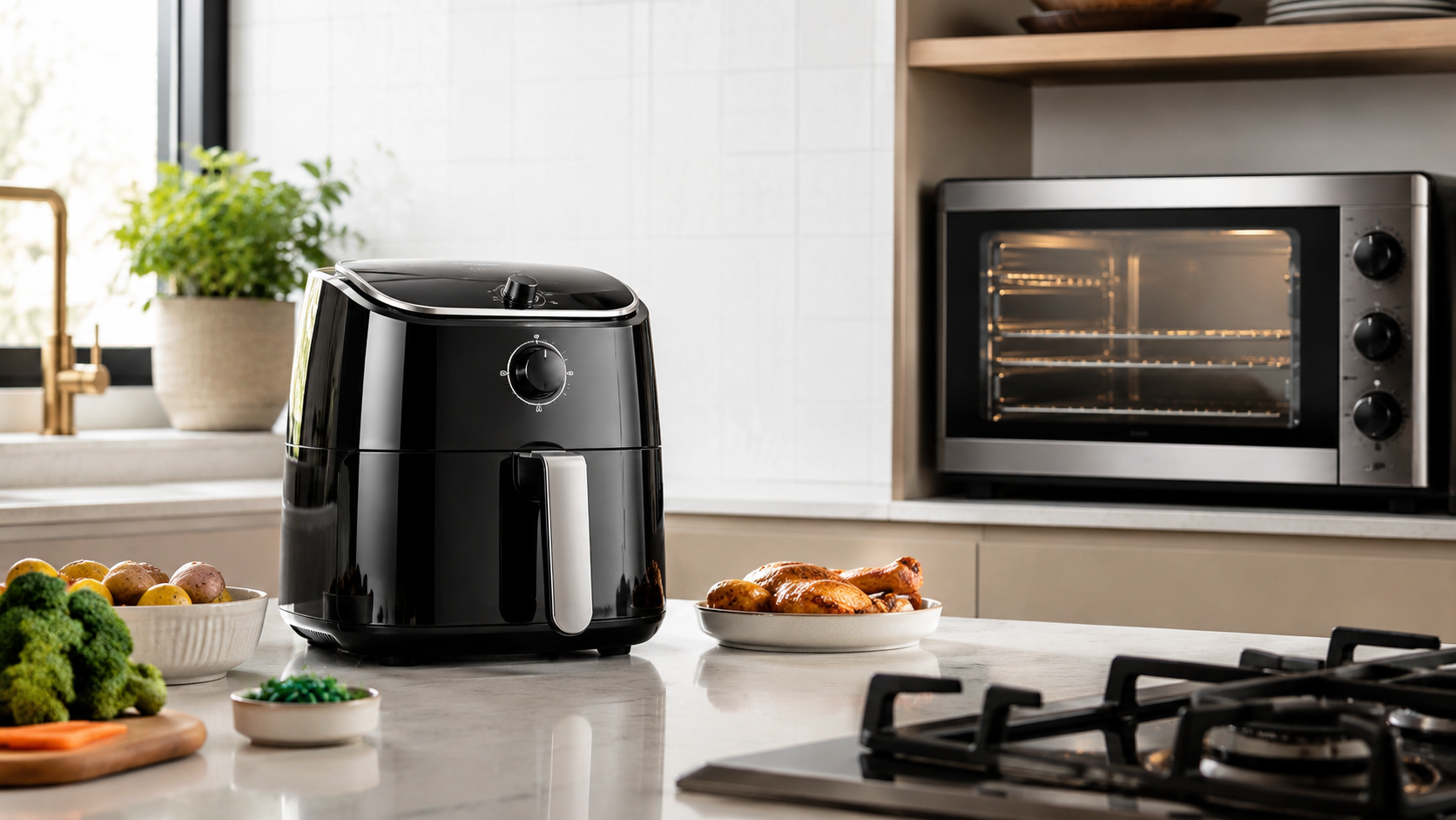 Air fryer e forno elétrico em cozinha doméstica para comparação de formas de preparo