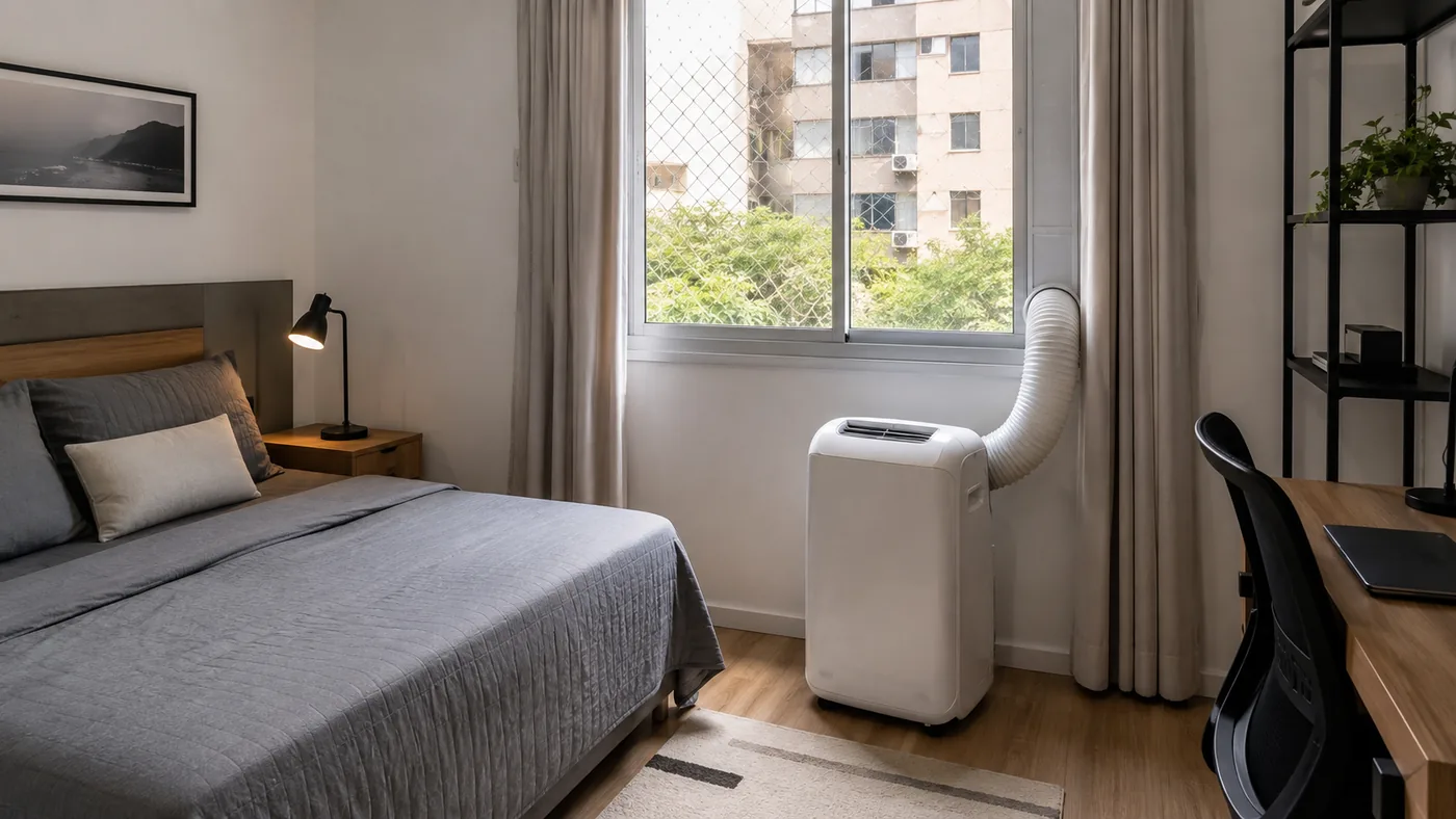 Ar-condicionado portátil em quarto com mangueira de exaustão direcionada para a janela