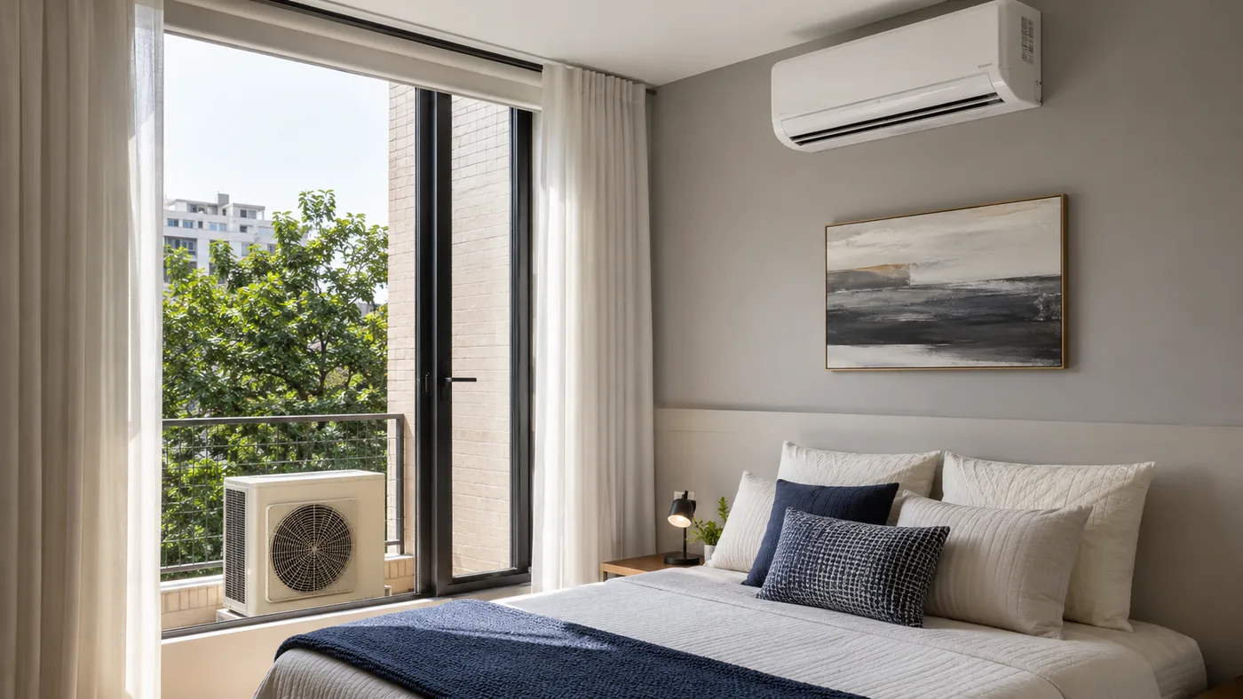 Ar-condicionado split instalado em quarto de apartamento com condensadora na área externa