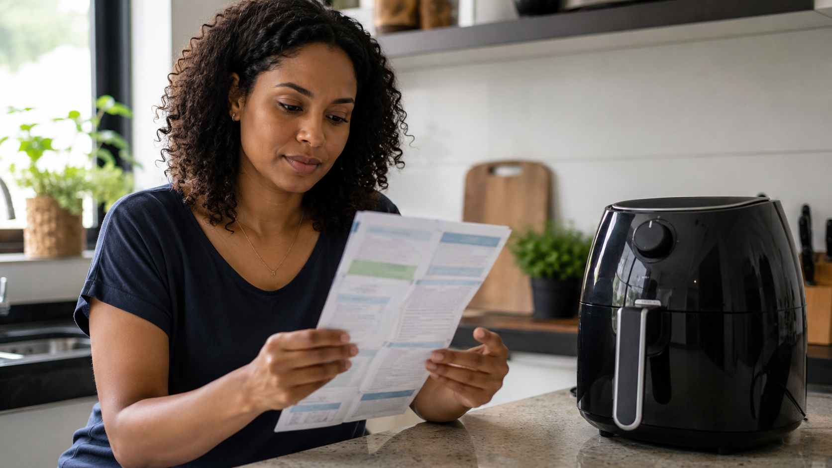 Pessoa analisando conta de energia ao lado de uma air fryer na cozinha
