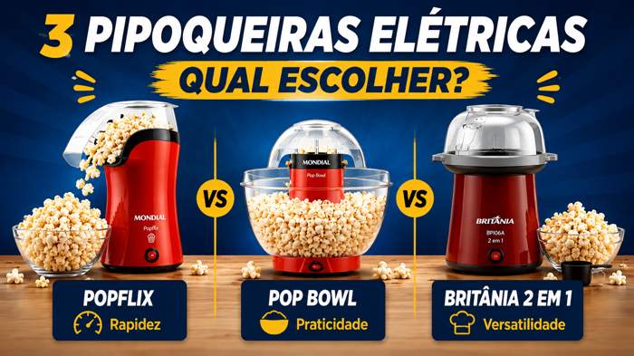 Comparação entre pipoqueira elétrica Mondial Popflix, Mondial Pop Bowl e Britânia 2 em 1
