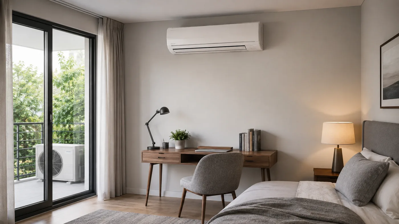 Quarto e escritório em apartamento com ar-condicionado split e unidade externa na varanda