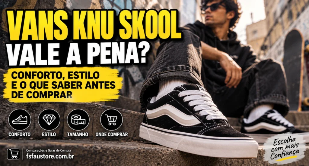 Arte editorial do Vans Knu Skool com foco em conforto, estilo e decisão de compra.
